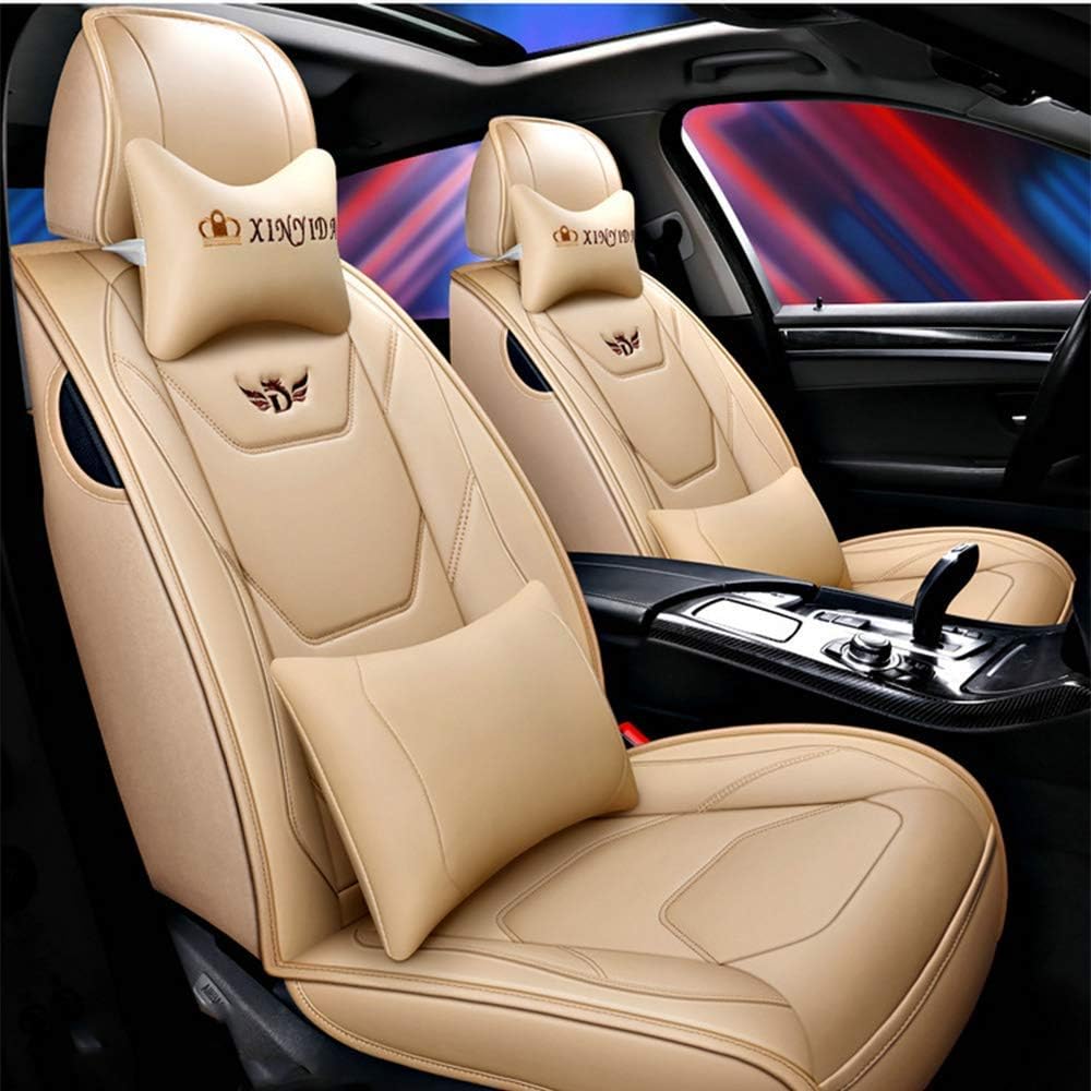 Luxury Leather Car Seat Cover, Four Seasons Universal Car Seat Cushion Protector, Front And Rear Five-Seat Full Set, 9 Pieces,Beige