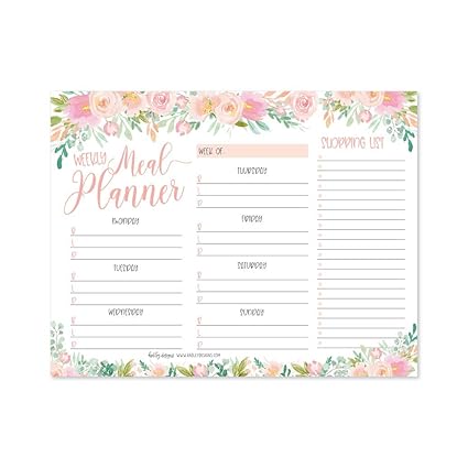 Pink Floral Weekly Meal Planning Calendar Grocery Shopping List