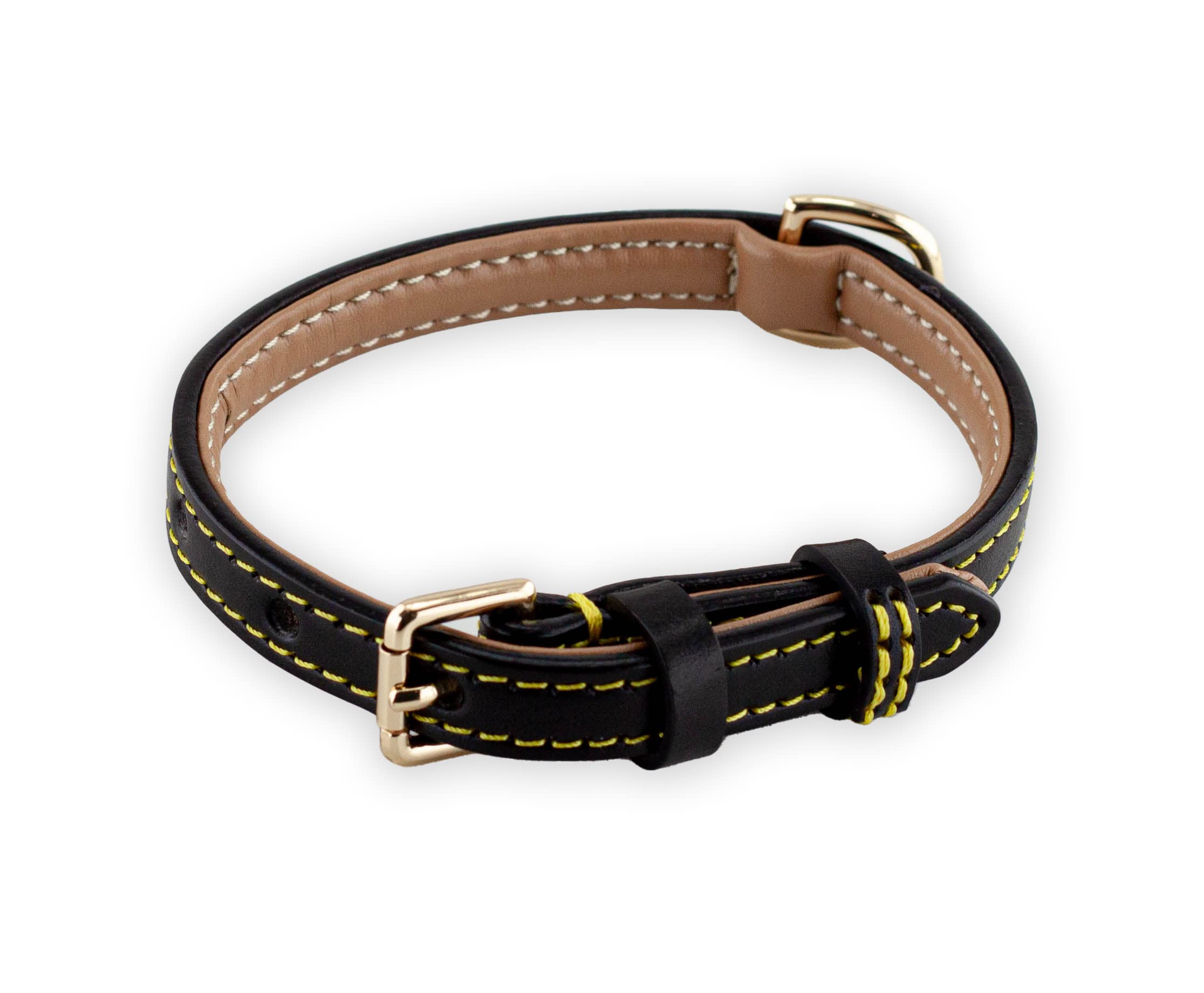 Brute Strength Leather Dog Collar Black with Yellow Stitching S 26-33 cm