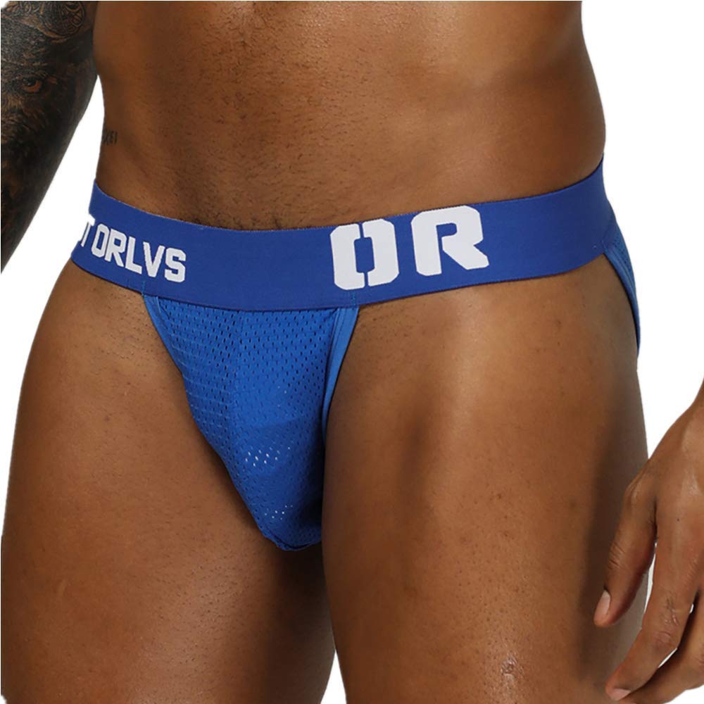 Comhere Men\'s Jockstraps Underwear Athletic Supporters Elastic Mesh Bikini Briefs Thong (Blue, XXL)