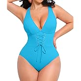 SHAPELLX Women One Piece Swimsuits Tummy Control Bathing Suits Push Up Slimming Swimwear with Built-in Bra V Neck