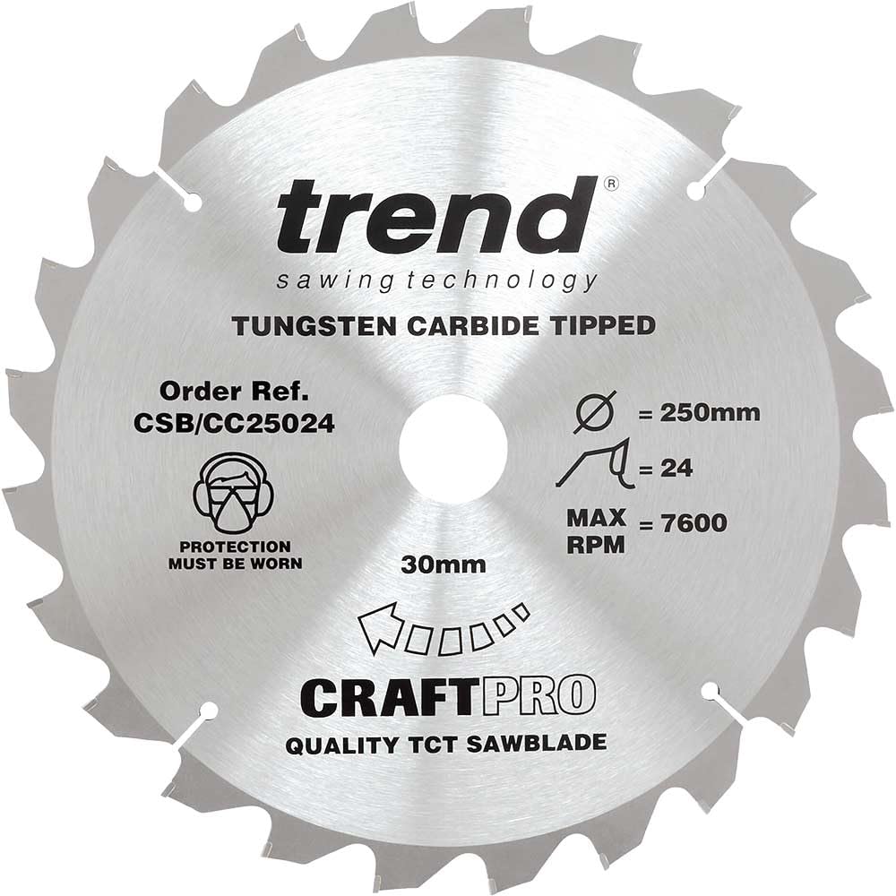 Trend Wood Mitre Saw Blade, 250mm Diameter, 30mm Bore, 24 Teeth, 3mm Kerf, -5° Hook, TCT, Coarse Finish, CSB/CC25024 — image 1