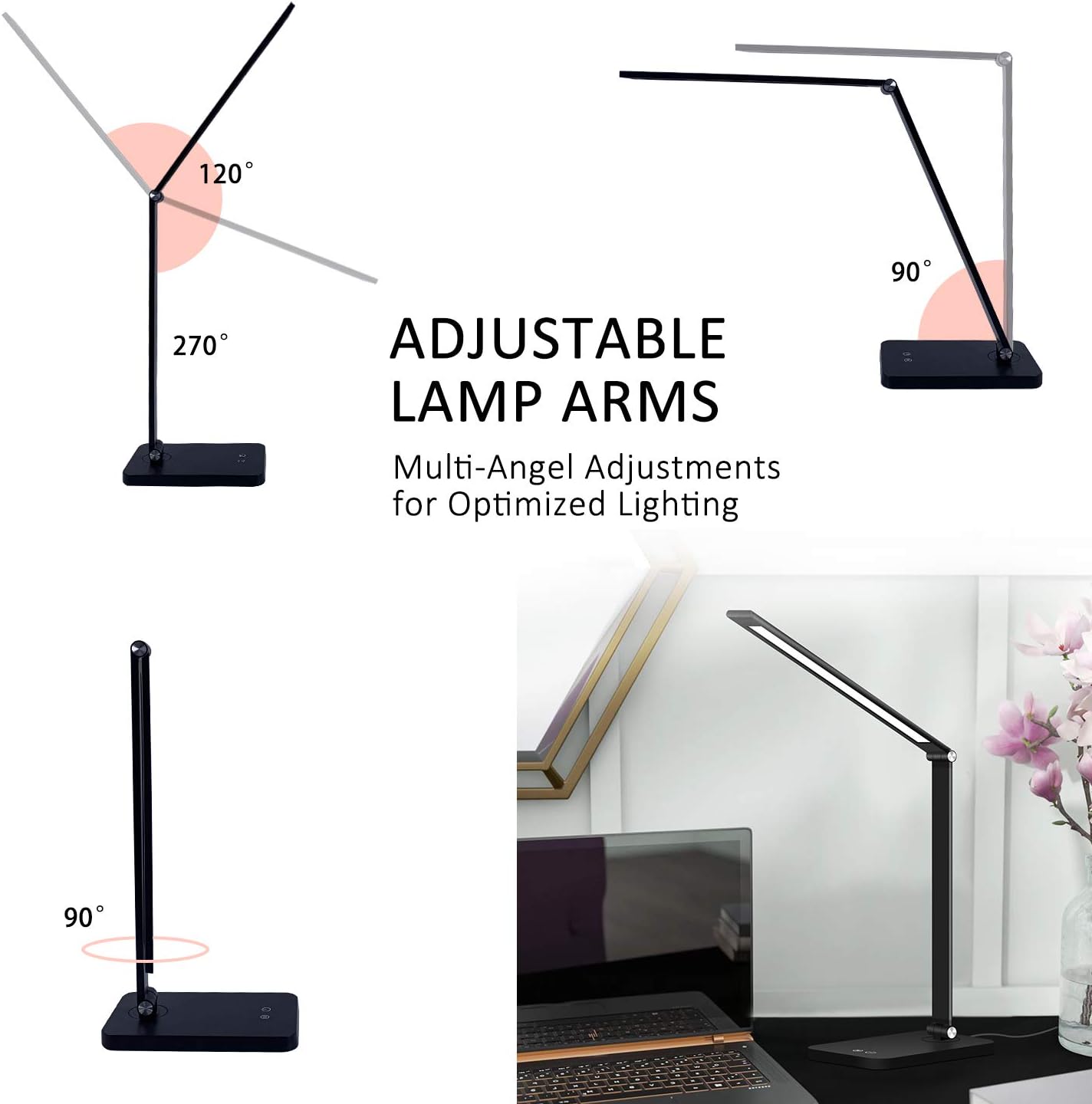 LED Desk Lamp, BEACON Desk Lamp with USB Charging Port, 5 Lighting Modes with 3 Brightness Levels, Memory Function, Eye-Caring Office Foldable Lamp, Touch Control, Black: Home Improvement