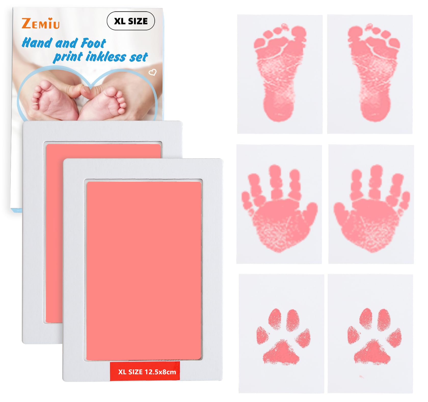 Zemiu XL Size Baby Handprint and Footprint Kit - Pink Ink Pads With Clean-Touch & 6 Imprint Cards - Inkless Non-Toxic Print Kit for Feet and Hands - Family Keepsake, Pet Paw