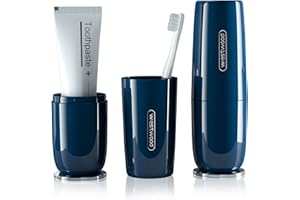 HyJeryty Luxury Blue Plastic Travel Toothbrush Holder Case with Cover, Portable Travel Toothbrush Cup, Storage Container for School Camping Business Trip Bathroom