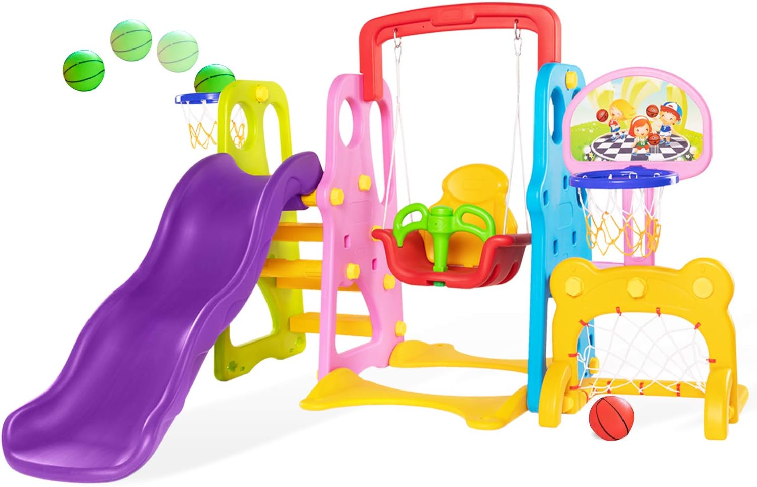 Lauraland Toddler Swing Set, 6 in 1 Climber Slide Playset with Two-Height Basketball Hoop, Soccer Goal, Baby Swing, Writing Board and Easy Climb Stairs, Kids Playset for Backyard and Indoor