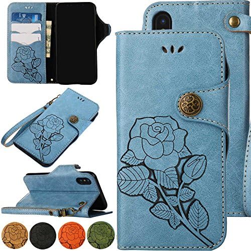 Blue Slim Flip Leather Wallet Case for 5.8" iPhone X [Kickstand][Colorful Flower Skin] Fold Wallet Magnetic Phone Bags &amp; Cases with Card Holder Slot for Apple iPhoneX