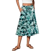 Ladybranch Women's High Elastic Waist Midi Skirt Casual Trendy Floral Print A line Skirts