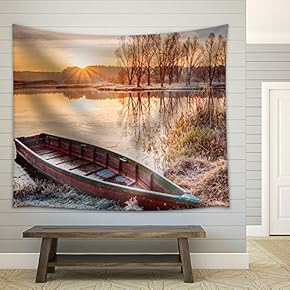 Calm Water of Lake, River and Rowing Fishing Boat at Beautiful Sunrise in Autumn Morning. - Fabric Wall Tapestry Home Decor - 51x60 inches