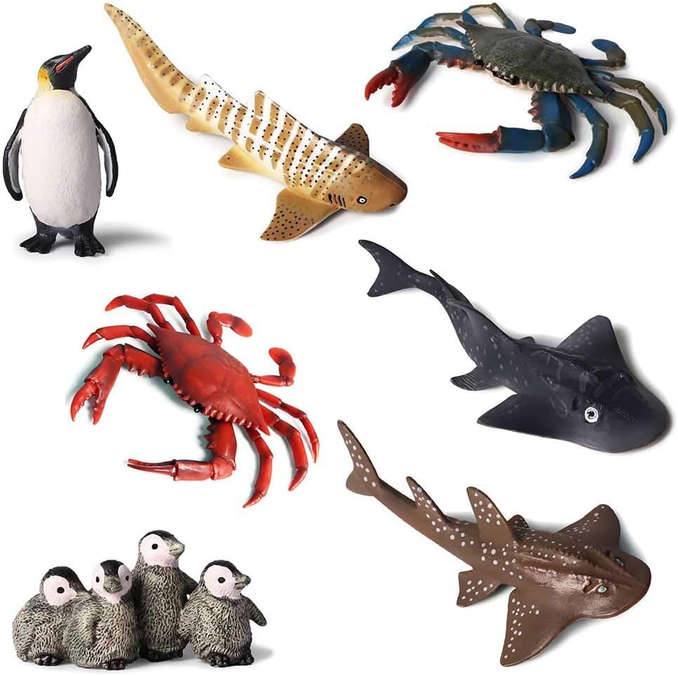SmartLives Realistic Mini Sea Animals Figurines, 2.6-6.8" Ocean Figures Set, Penguin Crab Guitarfish Zebra-Shark, Baby Shower Toy Birthday Gift for Kids Children (Mini Ocean Animals Set B)