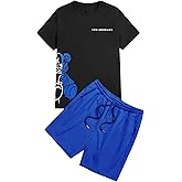 GORGLITTER Men's Letter Graphic Print T Shirts Short Sleeve Top & Shorts Casual Two Piece Sets