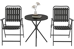 Aug-guan 3 Piece Outdoor Bistro Set, Patio Table and Chairs Set of 2, Small Balcony Furniture with Glass Top Table, Folding Bistro Patio Set for Garden, Deck, Porch, Black Outdoor Furniture