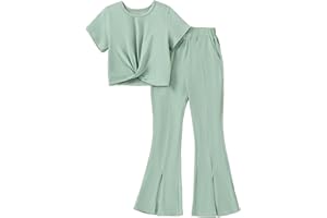 Woleroyir Girls Clothes Solid Color Twist Front Top Flared Pants Set with Pockets Cute Summer Outfits 6-15 Years