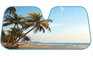 BDK Palm Tree Tropical Island Front Windshield Sunshade Accordion Folding Style Auto Shade for Car Truck SUV Van Blocks UV Rays Sun Visor Protector Easy Setup Keeps Your Vehicle Cool - 58 x 27 inches