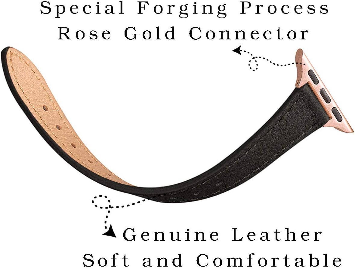 SUNFWR Compatible with Apple Watch Strap 38mm 40mm 41mm,Genuine Leather Strap Replacement,Slim&Thin Wristband for iwatch Series 7/6/5/4/3/2/1,SE(38mm 40mm 41mm,Black&Rosegold) - Image 4