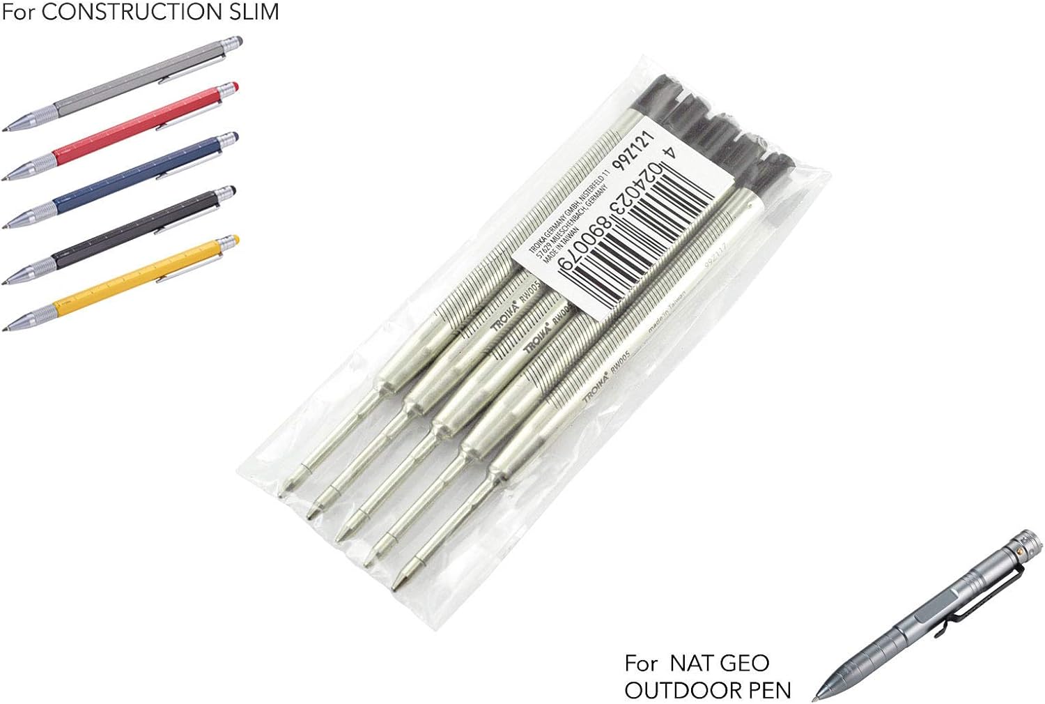 Troika Replacement Refill Set 99Z121, Set of 5, Ballpoint Pen Large Capacity Refill G2, RW005, Line Width M, 1 mm, Black