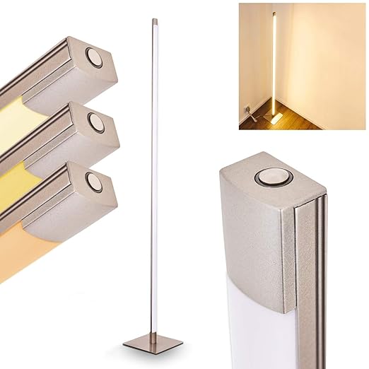 LED Stehleuchte Playa – Moderne Stehlampe aus Metall in Nickel matt mit geradem Lampenschirm – Bodenlampe im außergewöhnliche