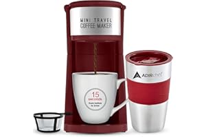 AdirChef Single Serve Mini Travel Coffee Maker & 15 oz. Travel Mug Coffee Tumbler & Reusable Filter for Home, Office, Camping, Portable Small and Compact for Fathers Day (Ruby Red)