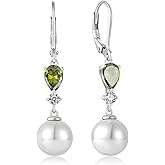 EJARY Women Pearl Dangle Drop Earrings with Birthstone 925 Sterling Silver Leverback Earring with 10MM White Pearls