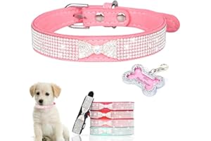 YOUALSO Puppy Collar with Rhinestone Name Plate, Pretty Bow Crystal Glitter Jewel Bling Sparkly Diamond Cat Collars for XXS Xs Small Medium Pet Girls Dogs Female Kitten, Pink XXSmall