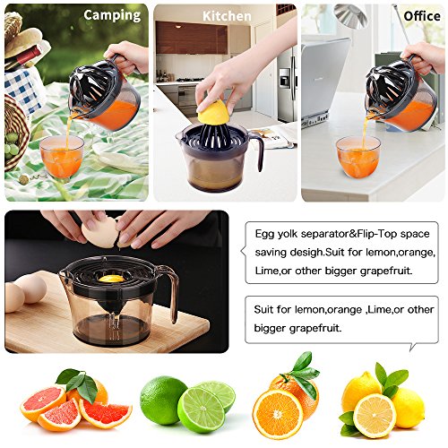 Citrus Juicer,Orange Lemon Manual Squeezer Hand Rotate Lime Press Juicer,Anti-Slip Non-Marking Silicone Base and Ergonomic Handle,Multi-Size Reamers,17-Ounce Capacity,Black(Free Sent A Sticky Notes)