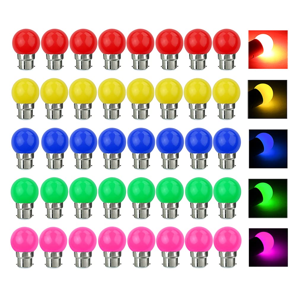 VIRANSHEN LED 40 Pack Coloured Light Bulb B22 Bayonet LED Bulbs 3W Multi Colour Bulbs Mood Ambiance Lighting for Home Decoration Party Patio Christmas Effect Lights Red Yellow Blue Green Pink