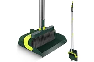 Broom and Dustpan Set, Masthome Broom with Dustpan Combo Set, 180°Swivel Standing Dust Pan Set for Home, Durable Comb Teeth for Pet Hair, Hardwood Floors & Tile | Space Saving Sweeping Kit (Green)
