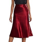 Rooscier Women's Silky Satin High Waist A Line Flared Zipper Elegant Midi Skirt