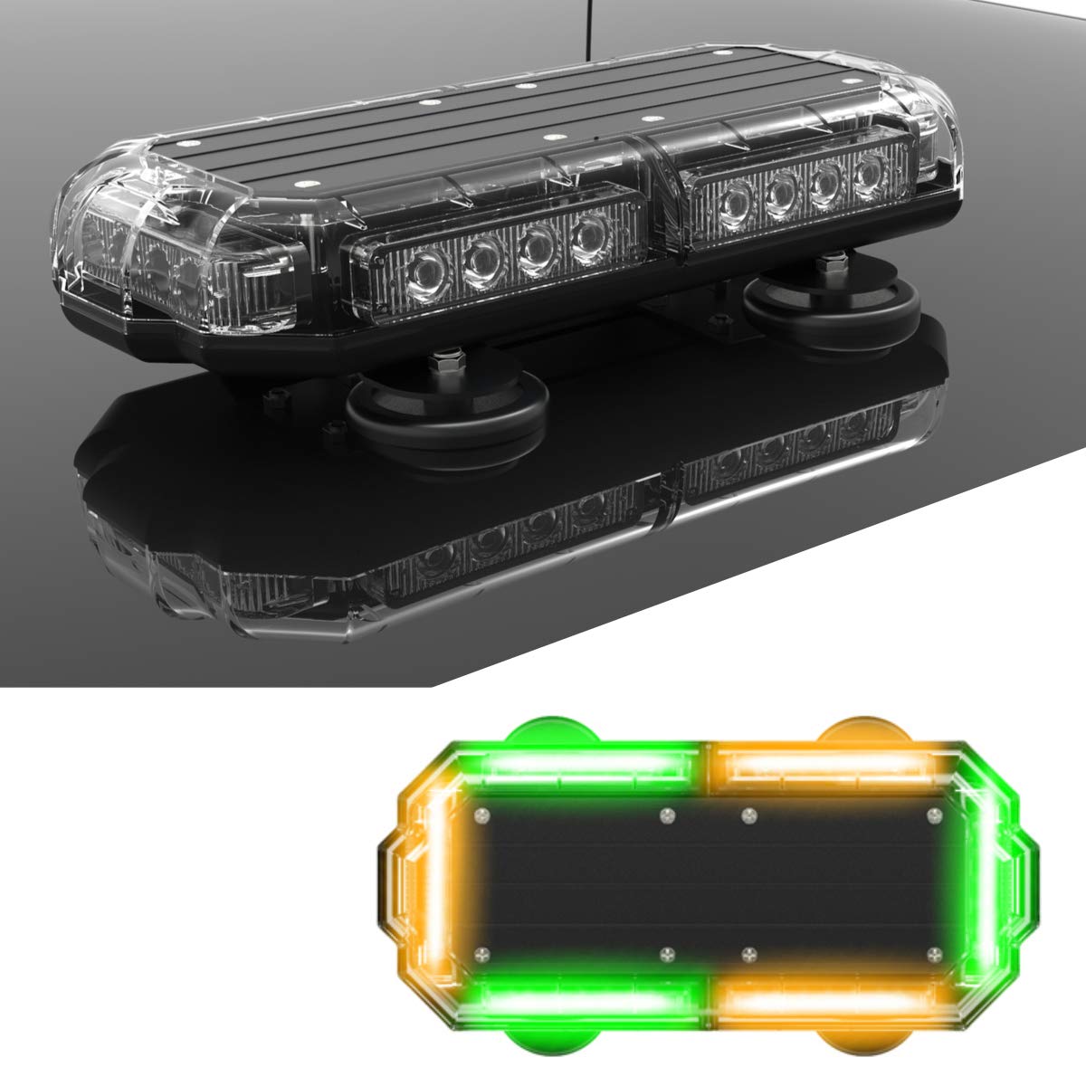 SpeedTech Lights K-Force Micro TIR 14" LED Mini Light Bar Emergency Strobe Lights & Magnetic Roof Mount Warning Light for Emergency Vehicles Amber/Green Alternating