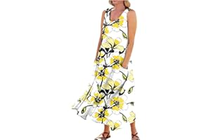 FONMA Summer Dress for Women 2024 Plus Size Sundress Floral Crewneck Sleeveless Dress Cotton Linen Beach Dress with Pockets