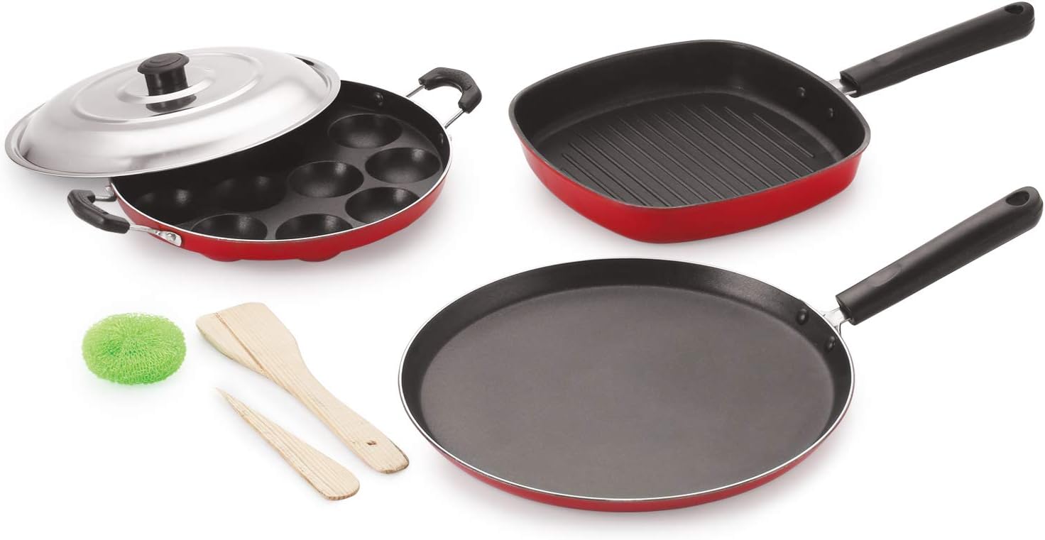 BMS Lifestyle Non-Stick Breakfast Combo 12 Cavity Appam Patra Maker, Dosa Tawa and Grill Pan Cookware Set, 3-Pieces, Black