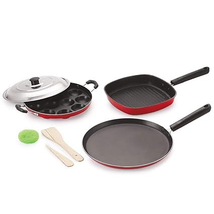 BMS Lifestyle Non-Stick Breakfast Combo 12 Cavity Appam Patra Maker, Dosa Tawa and Grill Pan Cookware Set, 3-Pieces, Black