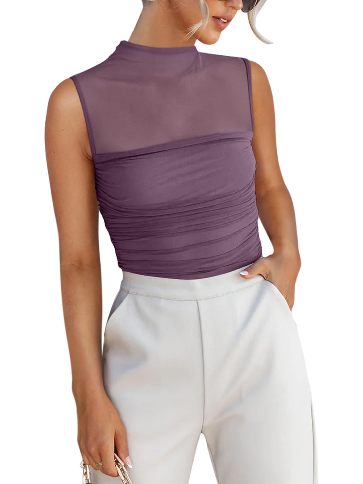Photo 1 of *2 pack* REORIA Sexy Bodysuits for Women Sheer Mesh Mock Neck Sleeveless Top Slim Fit Shirts Ruched Trendy Going Out Tops Cute Body Suit 2025 Outfits Purple Small