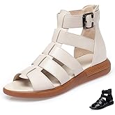 NSNEOND Women's Leather Hollow Back Zipper High-Top Gladiator Sandals Summer Breathable Adjustable Ankle Strap Round Open Toe Flat Casual Roman Sandals for Date Outdoor Party