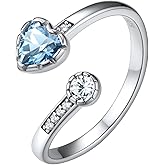 Silvora 925 Sterling Silver Adjustable Birthstone Ring with Heart Shaped Gemstone and Round CZ, Perfect for Women, with Gift Box