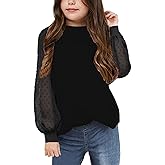 Yekaty Girls Shirts Casual Solid Color Crewneck Blouses Soft Long Sleeve Swiss Dots Chiffon Tops
