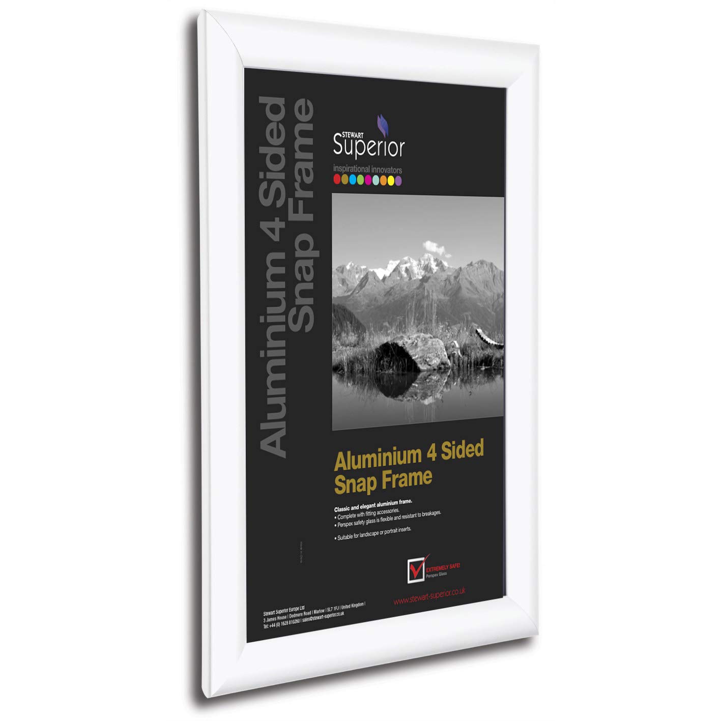 Stewart Superior A4 Aluminium 4 Sided 25mm Front Loading Picture/Poster Snap Frame - White, WHITEA4
