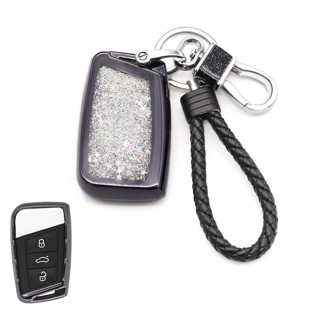 Quicksand Key Fob Cover Case Keychain for Volkswagen VW Passat Tiguan Atlas Golf Alltrack Smart Keyless Entry Remote Key (Black)