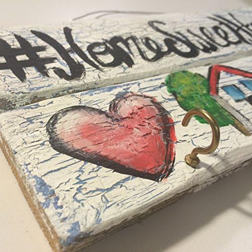 #HomeSweetHome HashTag & Emoji Distressed Wood Sign with Hooks Wall Home Decor