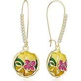 Hanavigar Handmade 14k Gold Enamel Flower Sparkly Crystal Leverback Earrings Round Disc Dangle Drop Earring for Women