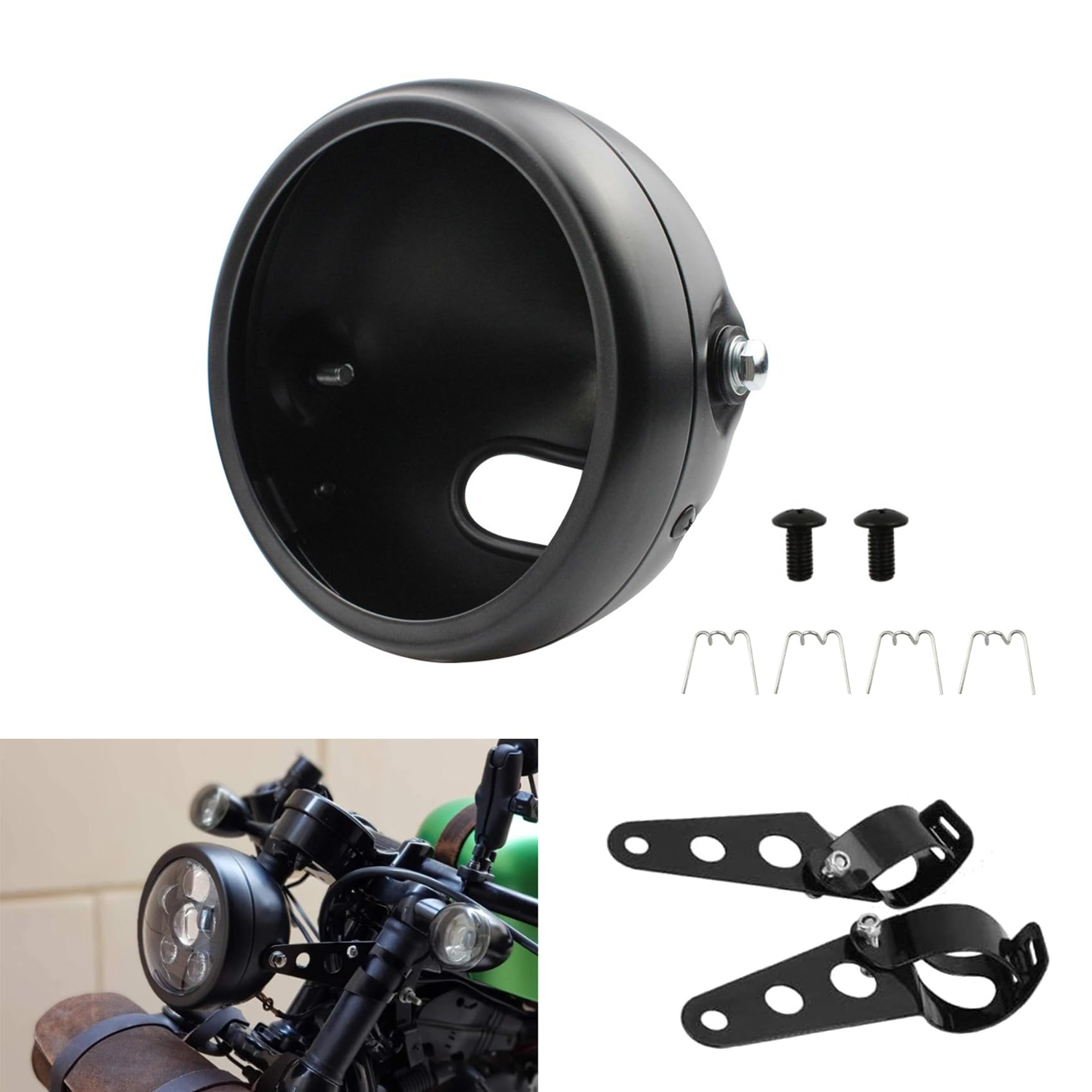 Photo 1 of LisylineAuto 5.75 Inch Motorcycle Headlight Housing Bracket Headlamp Shell Cover 5-3/4 Headlight Mount Bucket for Harley Yamaha Suzuki Chopper Black Motorbike Headlight Bucket