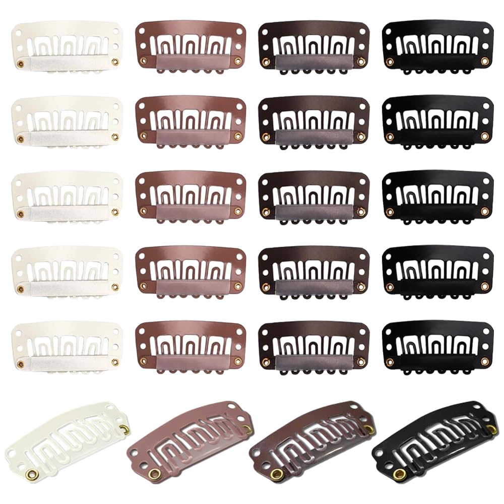 TRKETK 100 Pcs U-Shape Snap Clips, 32mm 6-Teeth, No Sew Metal Hairpieces, 4 Colors, Adult Unisex, 1 Count (Pack of 100), Black, Off-White, Brown, Light Brown