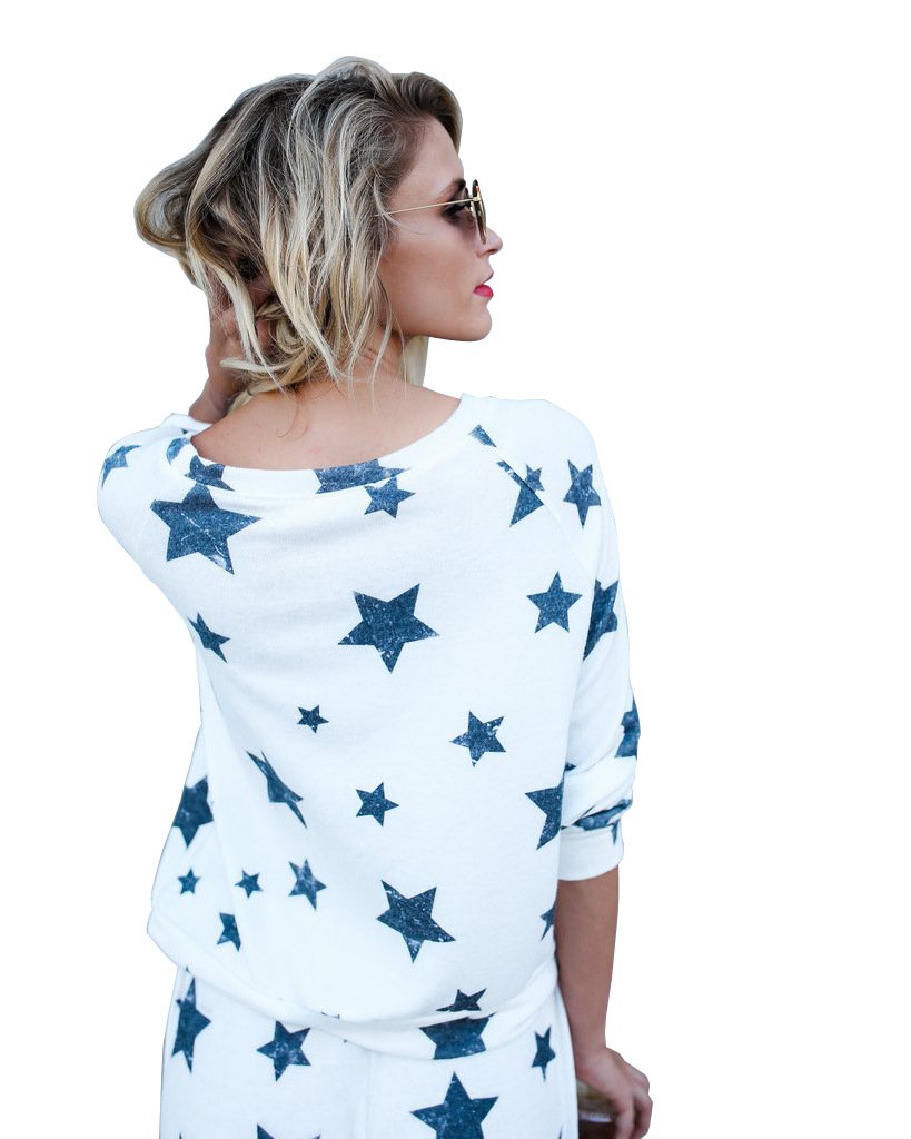 Mycherish Women Round Neck Cotton Flannel Pajamas Two Pieces Set with Star Pattern XX-Large White