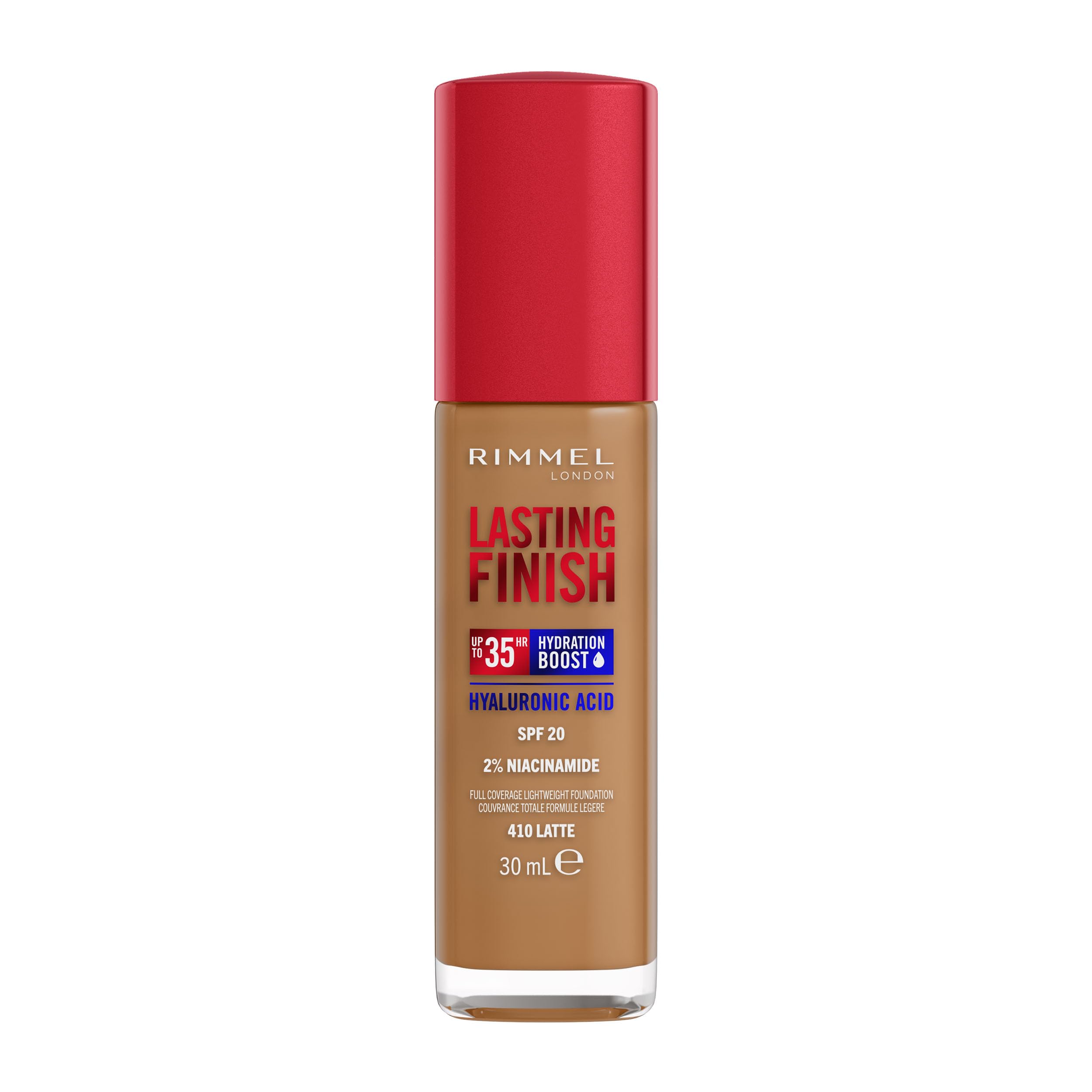 Rimmel Lasting Finish 35Hr Foundation 410 Latte, Full Coverage, Hydrating, SPF20, Hyaluronic Acid, Vitamin E, 2% Niacinamide, All Day Wear, Vegan, Cruelty Free