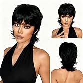Unipearl Mullet Wigs Human Hair for Black Women 80s 90s Dovetail Pixie Cut Wig for Women Black Mullet Haircut Brazilian Virgin Curly Human Hair Wigs Short Layered Glueless Wig with Bangs