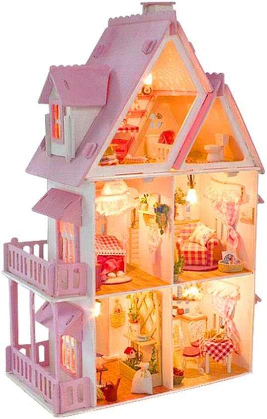 IMJONO DIY Wooden House, Children's day summer 2019 Best Gift for kids birthday present 3D Wooden DIY Miniature House Furniture LED House Puzzle Decorate Creative Gifts for 5 years old and plus child