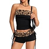 EHSUYAB 2000S Sexy 2 Piece Leopard Club Outfits, Ruched Tube Strapless Crop Top, Low Rise Booty Shorts Casual Going Out Rave