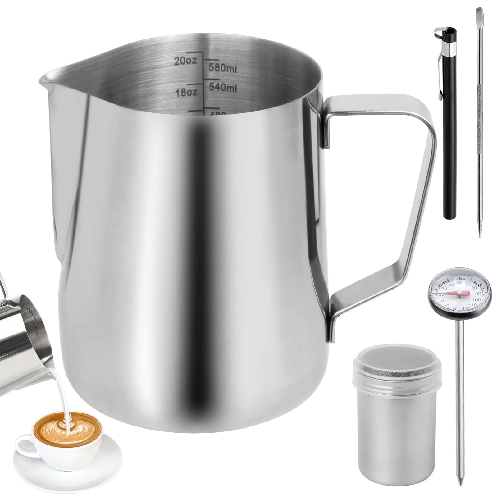 Milk Frothing Jug, 600ml/21oz 304 Stainless Steel Milk Frothing Pitcher Milk Jug with Powder Shaker Thermometer Latte Art Pen, Metal Frothing Jug Barista Accessories for Coffee Cappuccino Espresso