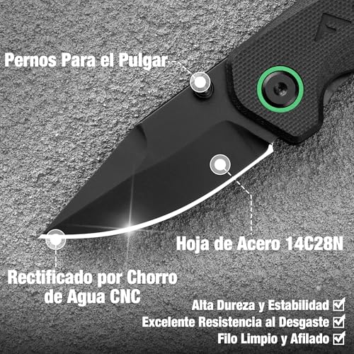 FLISSA Mini Folding Knife EDC 14C28N 137mm | Compact Pocket Knife with G10 Handle and Key Ring for Hiking, Travel and Daily Use