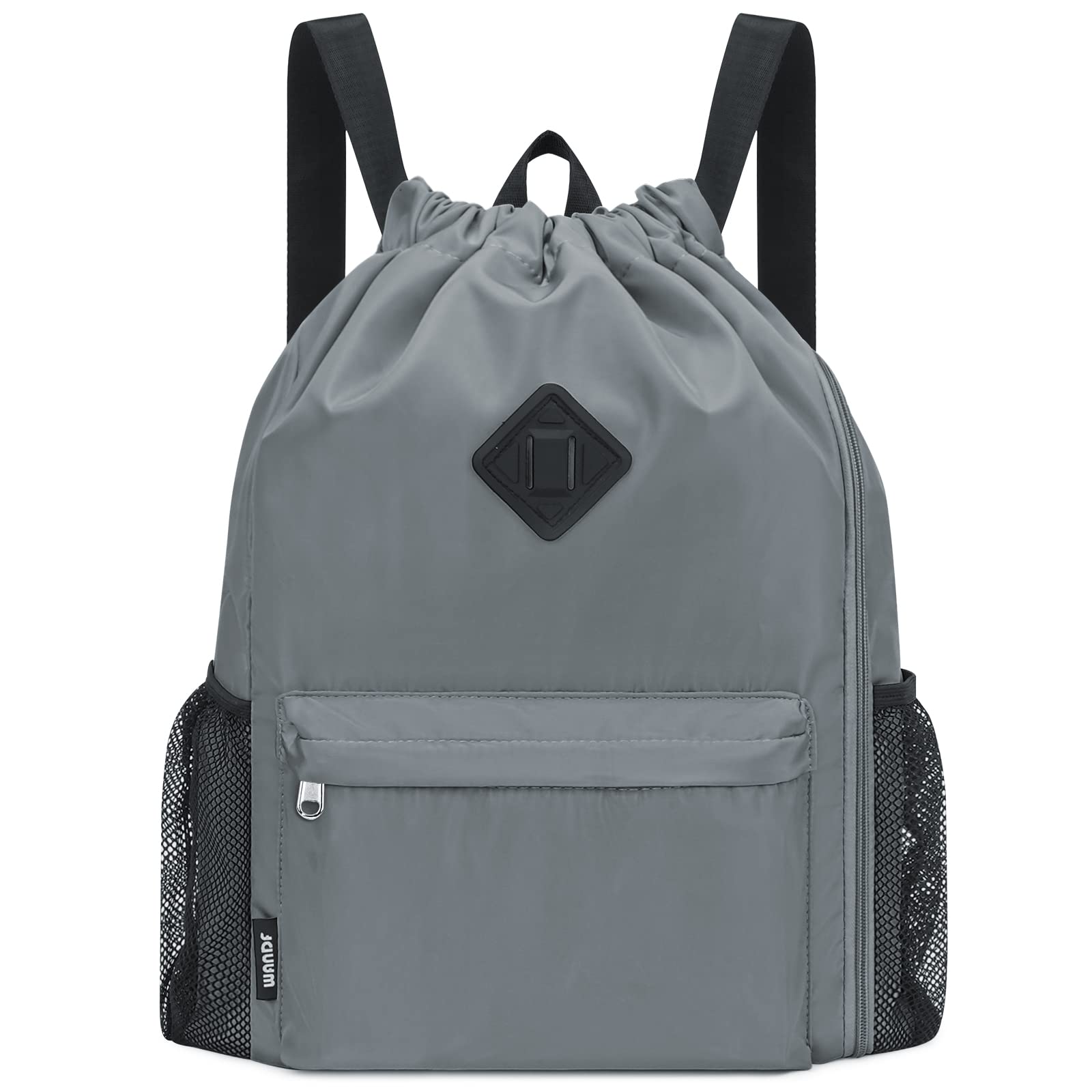 WANDF Drawstring Backpack Sports Gym Bag with Shoes Compartment, Water-Resistant String Backpack Cinch for Women Men(Grey,Large)